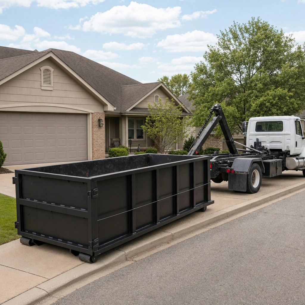 Wide documentary shot of a matte-black roll-off dumpster on a Pasco residential driveway in the foreground and a contractor jobsite container in the soft-focus background, bright daylight, calm and orderly composition.