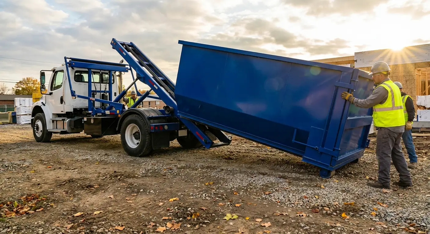 Construction dumpster delivery truck at job site in Pasco, WA