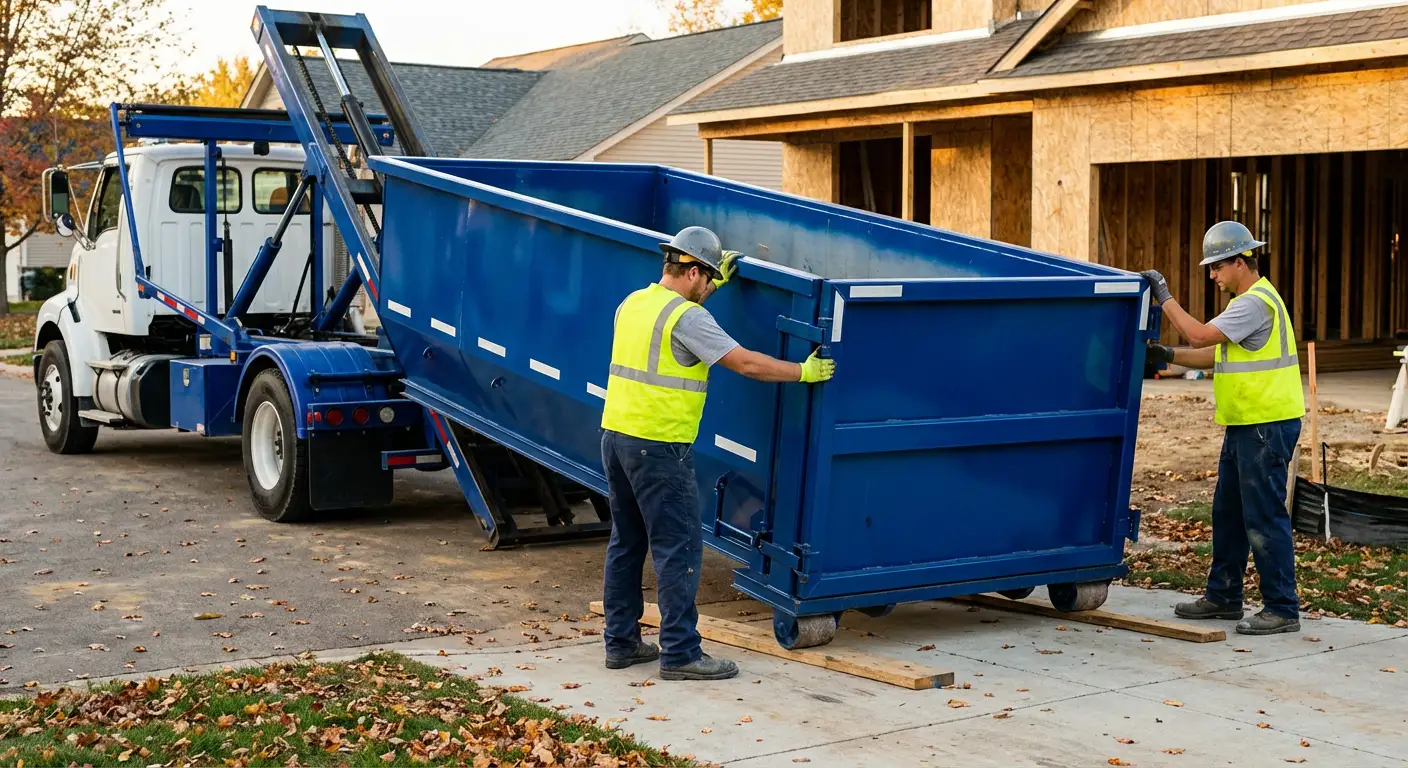 Roll-off dumpster delivery truck in residential area in Pasco, WA