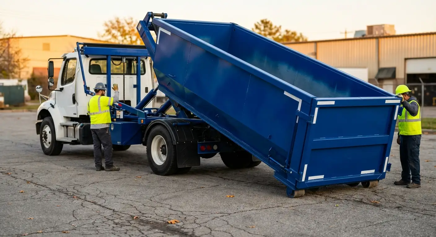 Roll-off dumpster rental truck protecting driveway surfaces in Pasco, WA